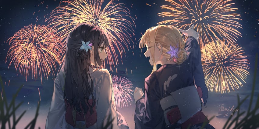 超辉夜姬!、辉夜 (超辉夜姬!)、坂寄伊吕波 2名女孩 黑发 金发 蓝色和服 闭眼