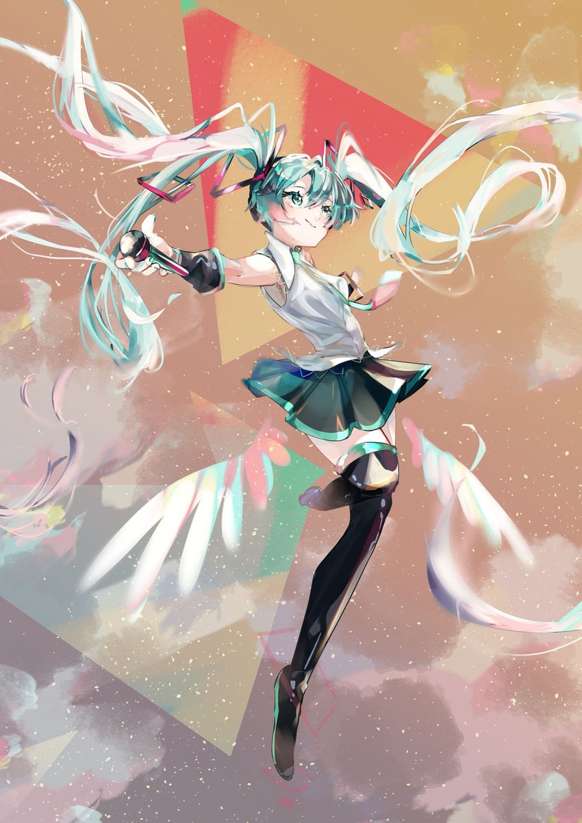 VOCALOID、初音未来 1名女孩 水色瞳 水色发 黑色靴子 黑色裙子