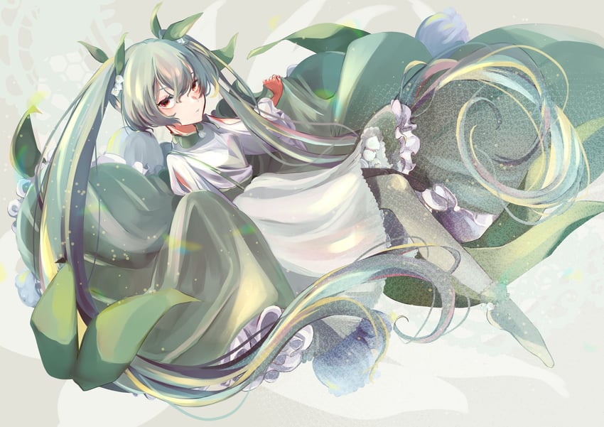 VOCALOID、初音未来 1名女孩 连衣裙 花 全身 绿发