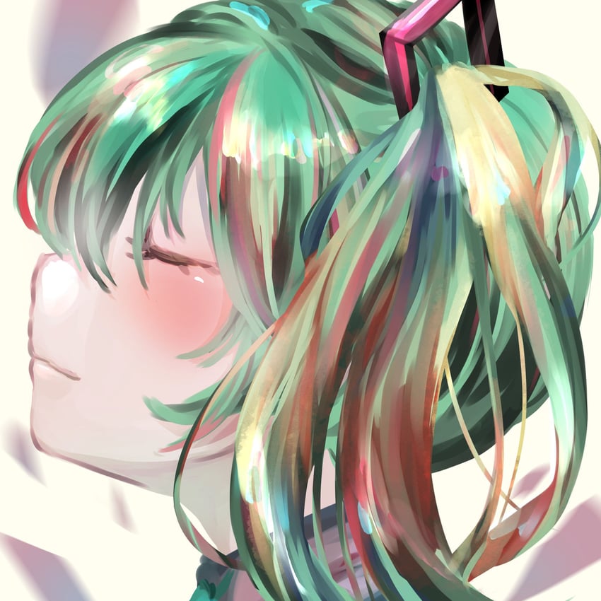 VOCALOID、初音未来 1名女孩 水色发 脸红 闭眼 闭嘴