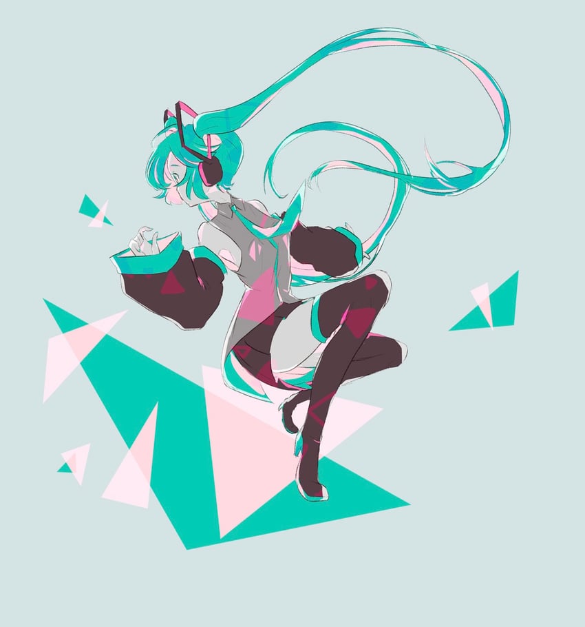 VOCALOID、初音未来 1名女孩 水色瞳 水色发 水蓝色领带 黑色靴子
