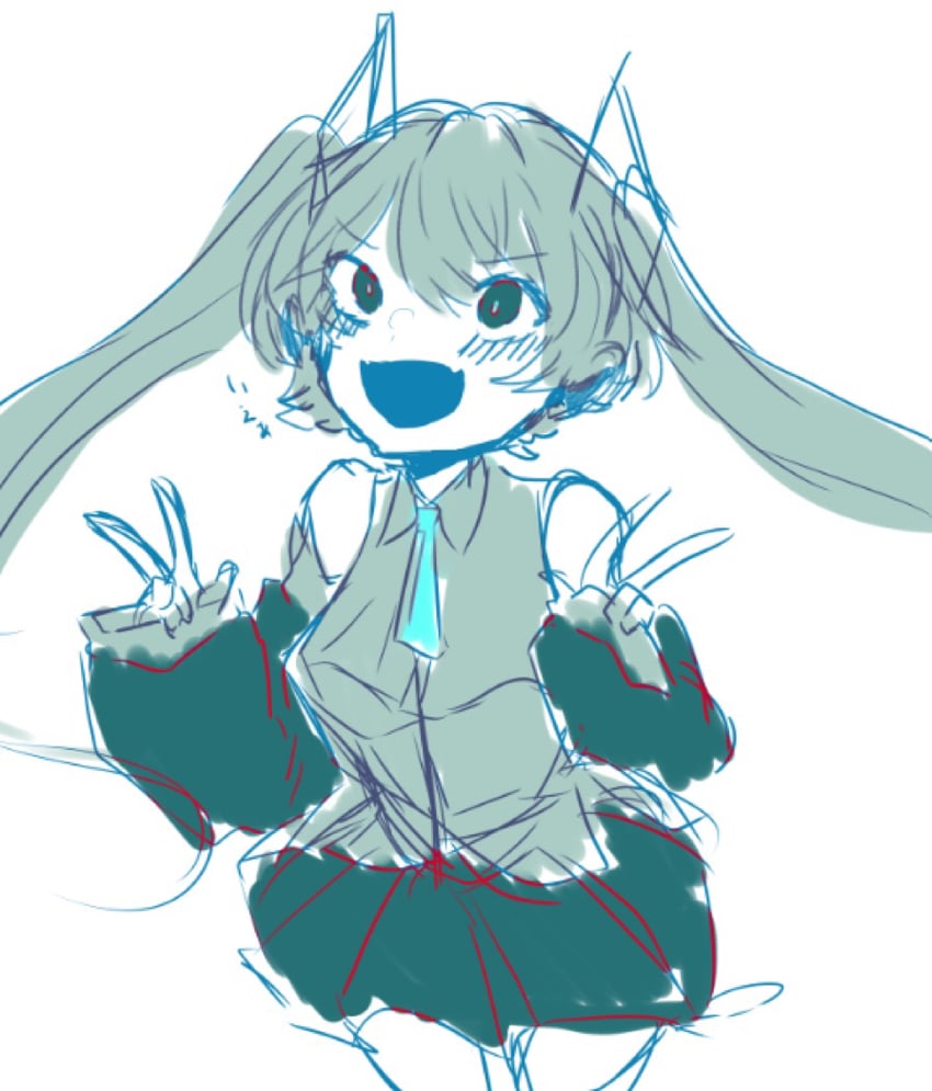VOCALOID、初音未来 1名女孩 :D 水蓝色领带 脸红 有领衬衫