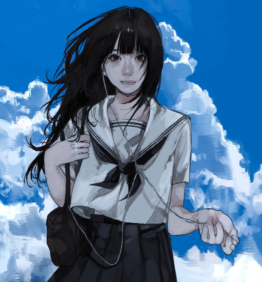 原创 1名女孩 调整肩带 包 黑包 黑瞳
