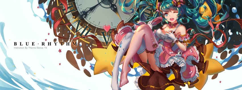 VOCALOID、初音未来 1名女孩 水色发 作者名 不对称腿部穿着 蝴蝶结