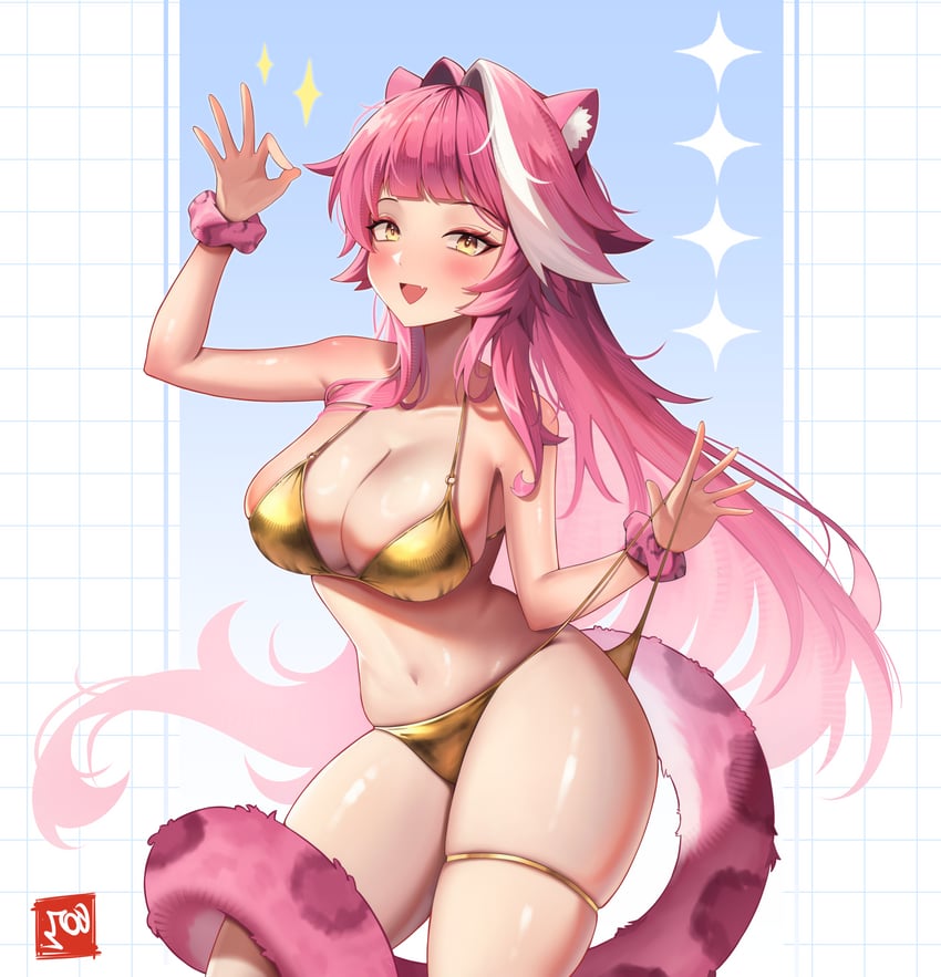 Hololive、Hololive英语、Raora Panthera (Hololive) 1名女孩 兽耳 动物花纹 作者标志 露肩