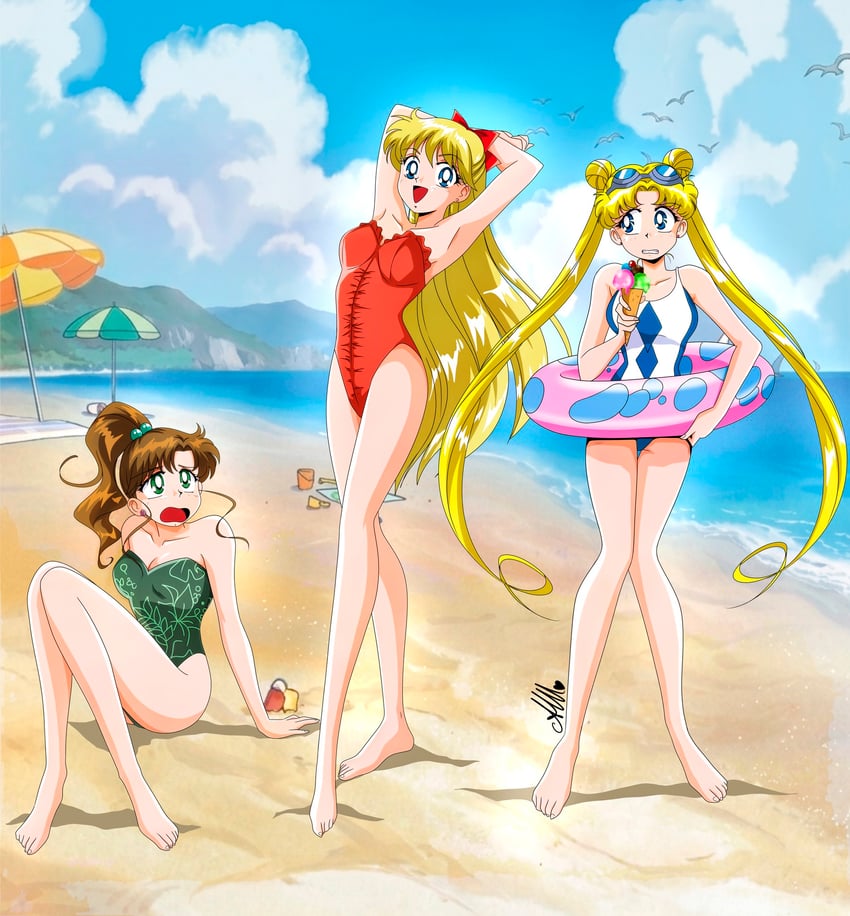 美少女战士、爱野美奈子、木野真琴 3人女子 腋下 双手抱头 举起双手 海滩