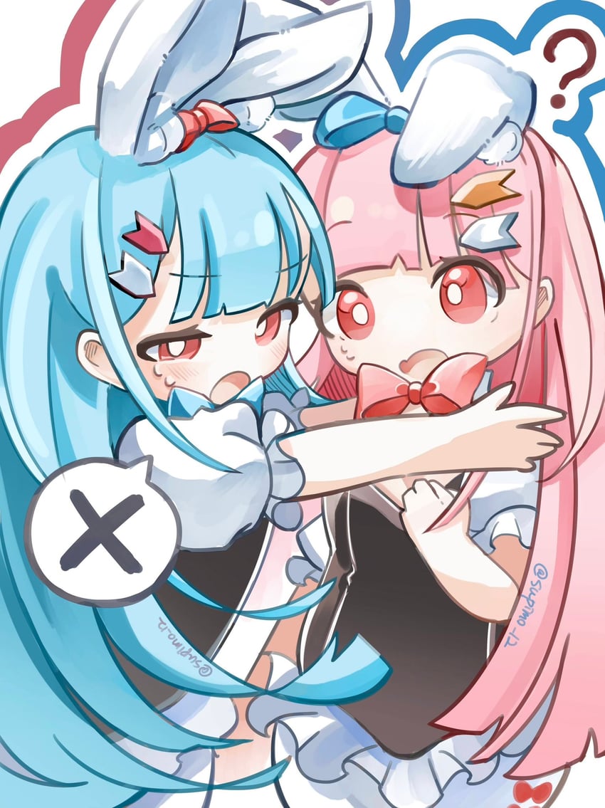 VOICEROID、琴叶茜、琴叶葵 2名女孩 问号 兽耳 黑色紧身连体衣 蓝色蝴蝶结