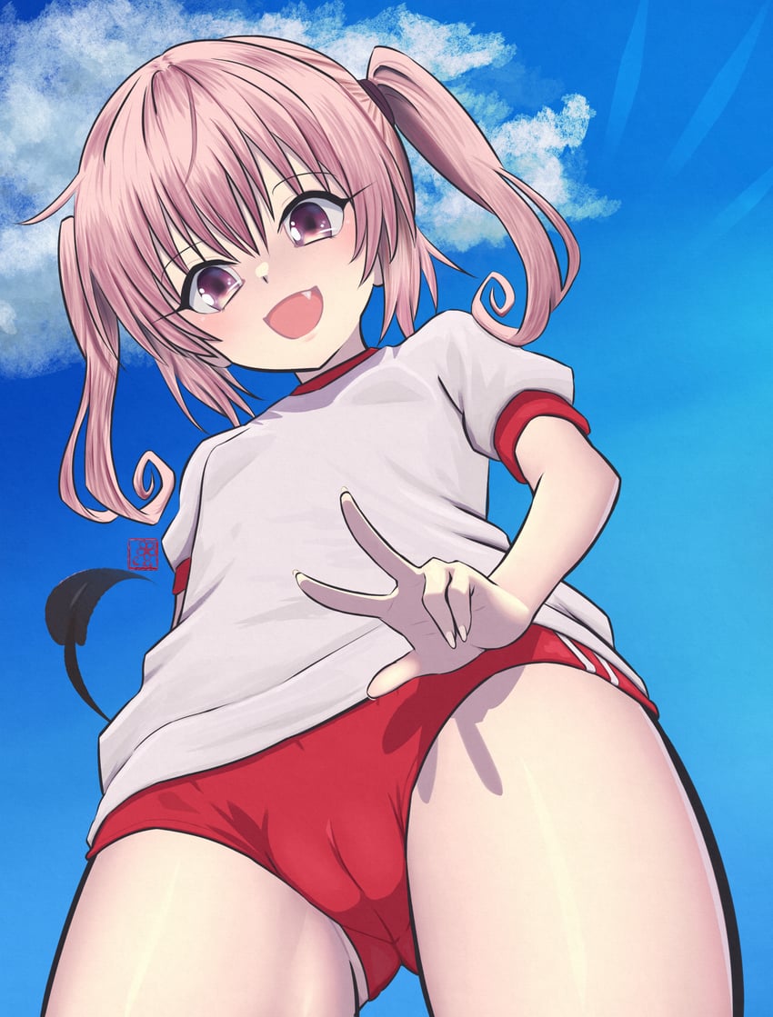 二次元插画 1名女孩 灯笼裤 骆驼趾 恶魔尾巴 虎牙