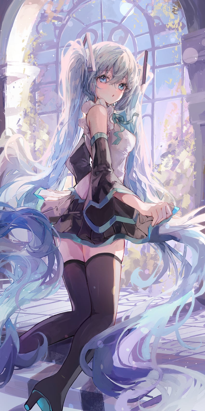 Piapro Studio、VOCALOID、初音未来 1名女孩 荒谬的长发 水色发 黑色靴子 黑色裙子