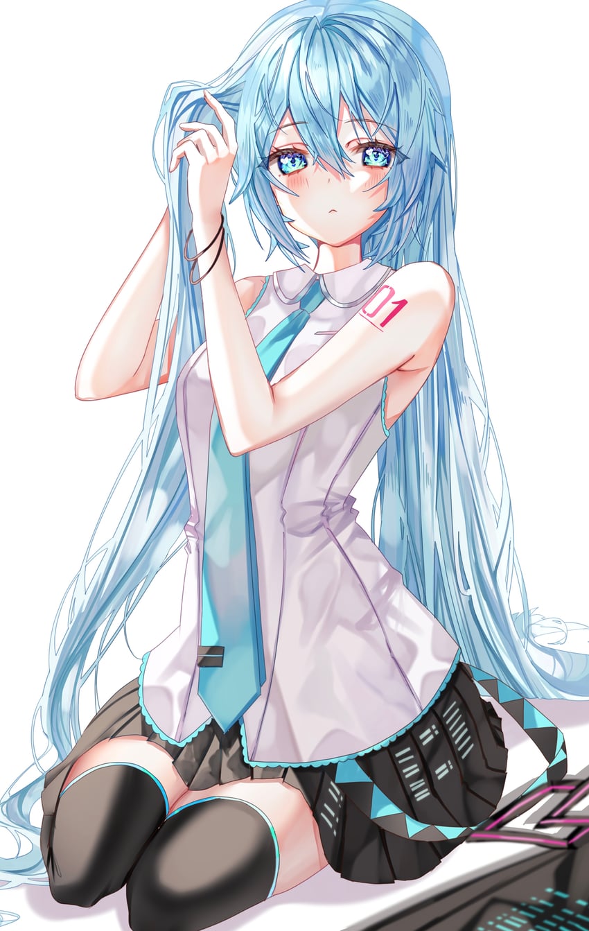 VOCALOID 1名女孩 整理头发 水蓝色领带 手臂纹身 黑色靴子