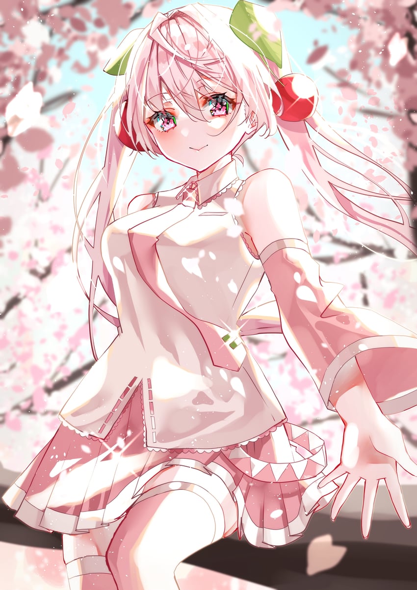 VOCALOID、初音未来、樱花未来 1名女孩 靴子 乳房 樱花 樱桃发饰