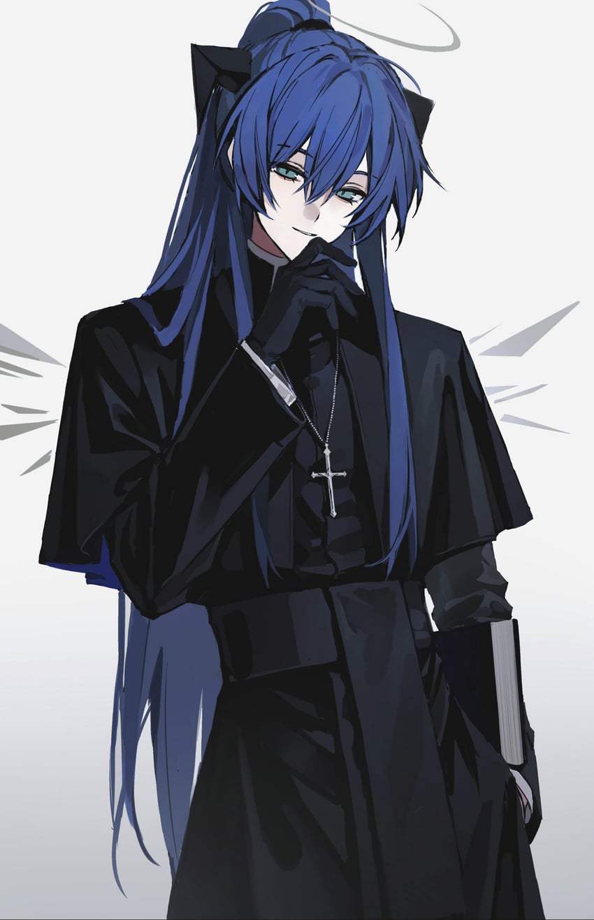 明日方舟、莫斯提马 (明日方舟) 1名女孩 替换服装 黑色手套 黑色长袍 蓝眼
