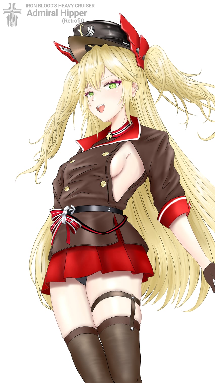 碧蓝航线、希佩尔海军上将 (碧蓝航线)、admiral hipper (retrofit) (azur lane) 1名女孩 :D 黑帽子 黑色内裤 黑色过膝袜