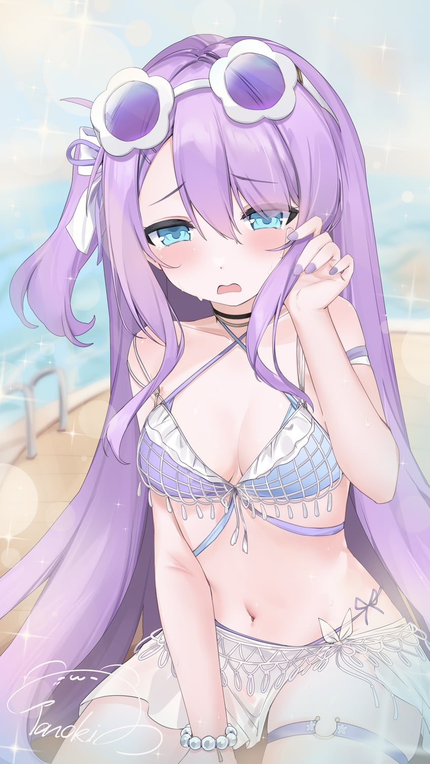 碧蓝航线、Z14 (碧蓝航线)、z14 (lost in the summer sun) (azur lane) 1名女孩 比基尼 蓝眼 脸红 乳房