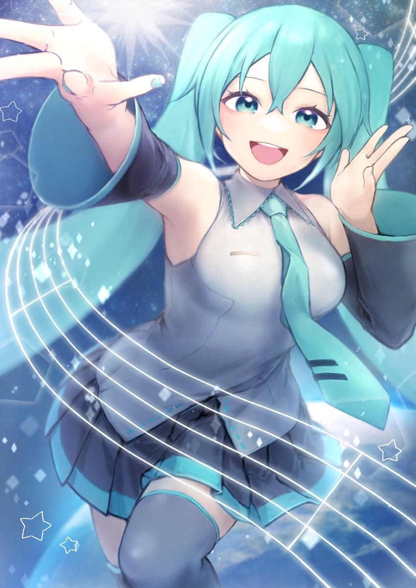 VOCALOID、初音未来 1名女孩 水色瞳 水色发 水蓝色指甲 水蓝色领带