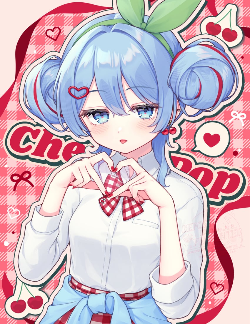Cherry Pop、VOCALOID、初音未来 1名女孩 蓝眼 蓝发 脸红 蝴蝶结