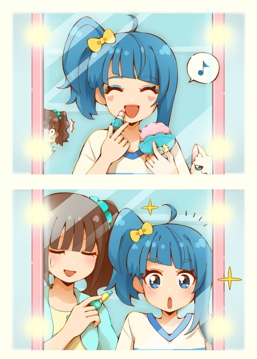 开阔天空！光之美少女、光之美少女、猫屋敷真由 2名女孩 两格漫画 笑眼 呆毛 水蓝色连衣裙