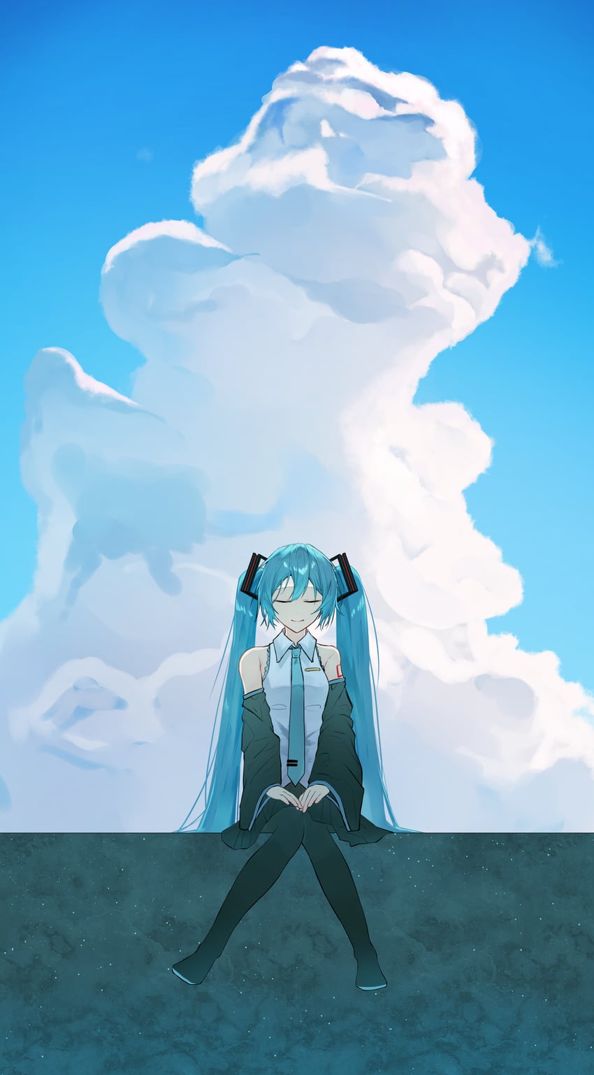 VOCALOID、初音未来 1名女孩 水色发 水蓝色领带 水蓝色饰边 露肩