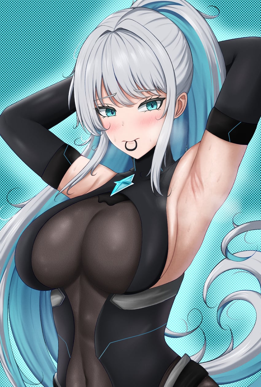 胜利女神：妮姬、ark ranger black (nikke) 1名女孩 腋下 举起双手 黑色连体衣 蓝眼
