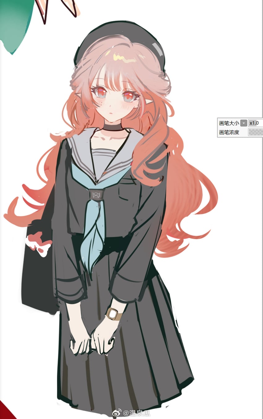明日方舟、榛果 (明日方舟) 1名女孩 替换服装 包 贝雷帽 黑包