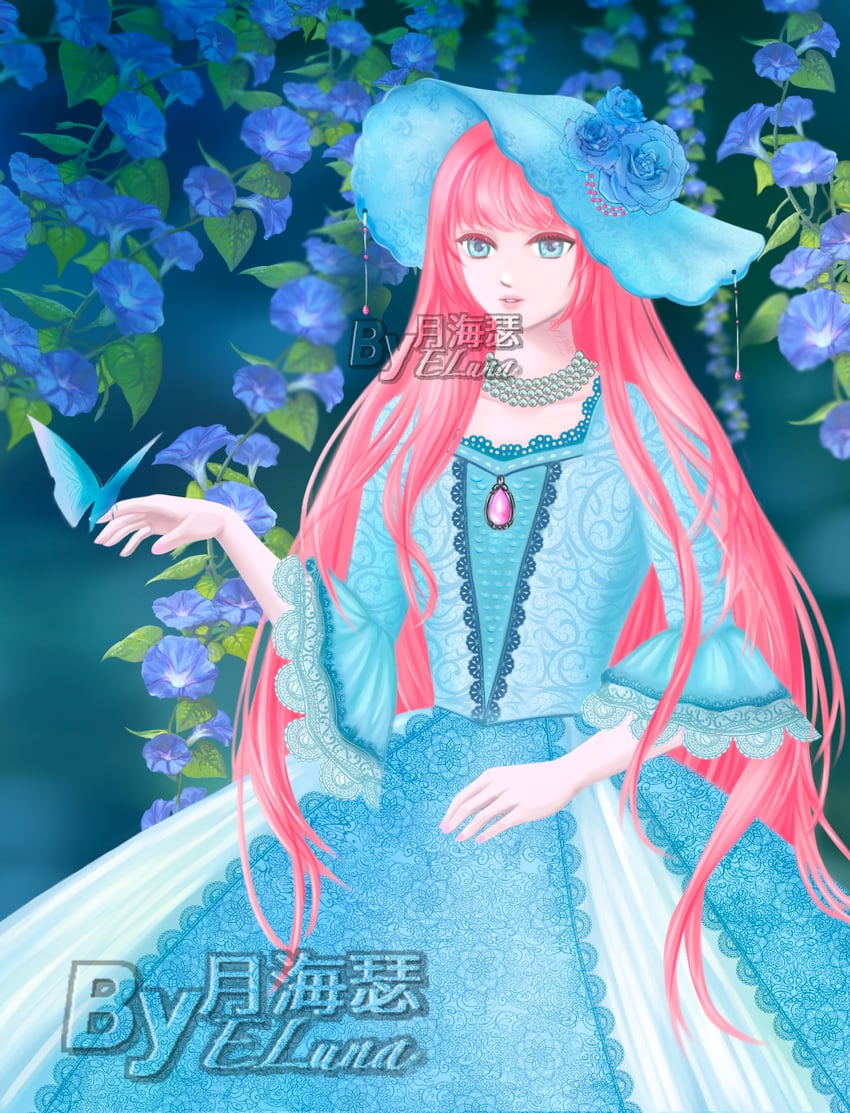 无限暖暖、暖暖系列、搭配师 (暖暖) 作者名 珠子项链 珠子 蓝色背景 蓝蝴蝶