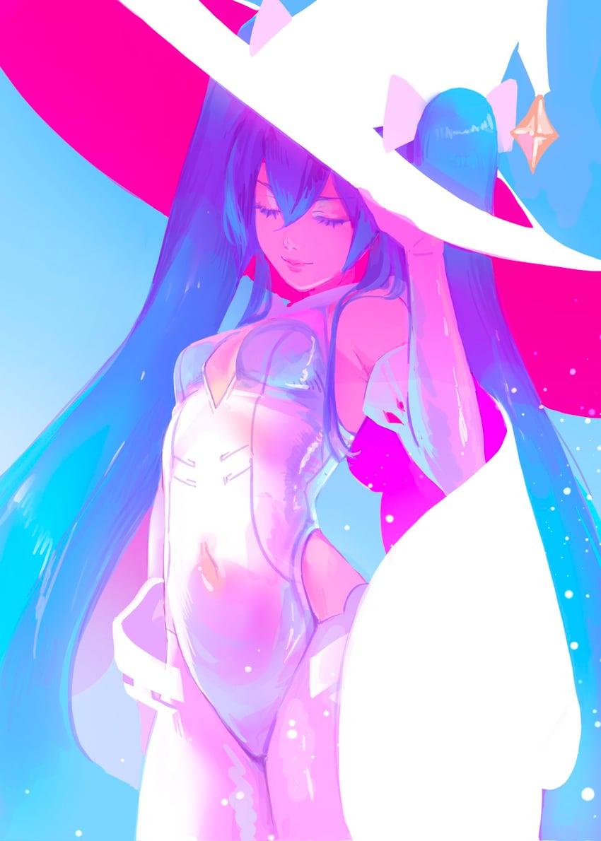 VOCALOID、初音未来 1名女孩 蓝色背景 蓝发 乳房 胸部镂空