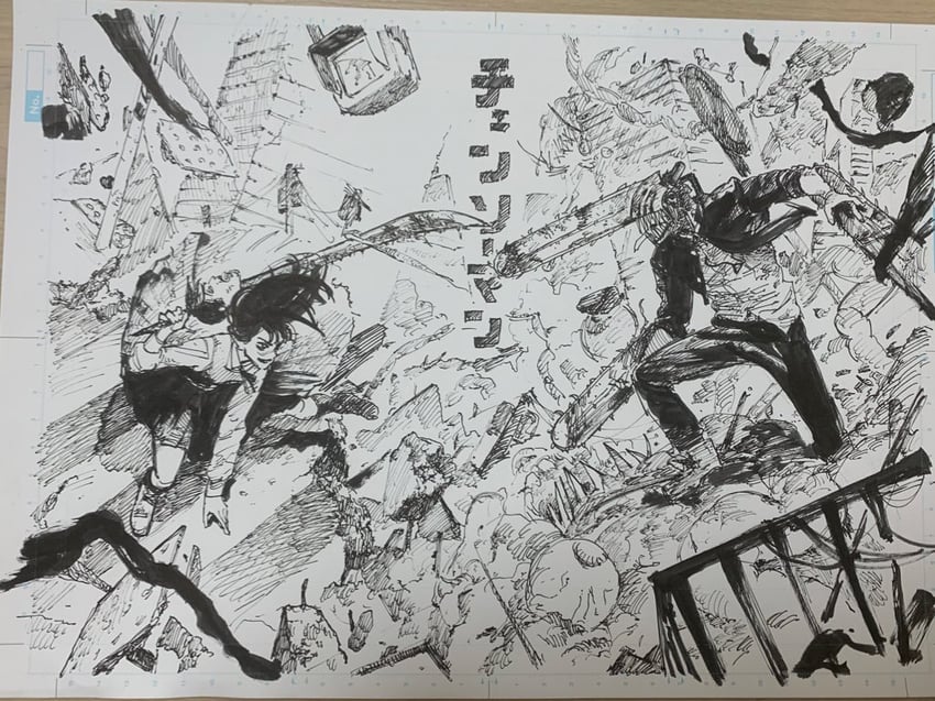 电锯人、电次 (电锯人)、田中 (电锯人) 腰带 黑色连衣裙 黑发 黑裤子 黑色丝带