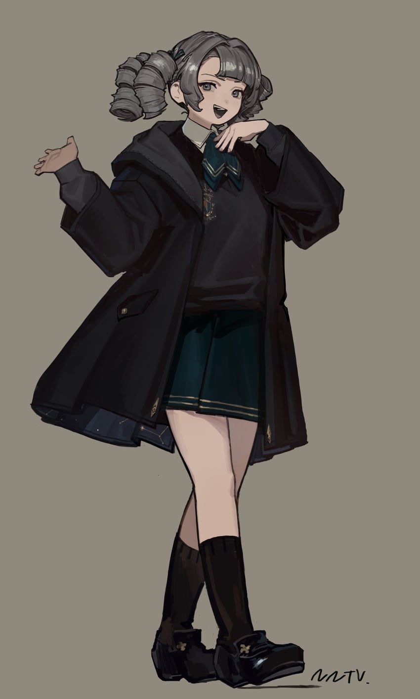 原创 1名女孩 作者名 黑色大衣 黑鞋 黑袜