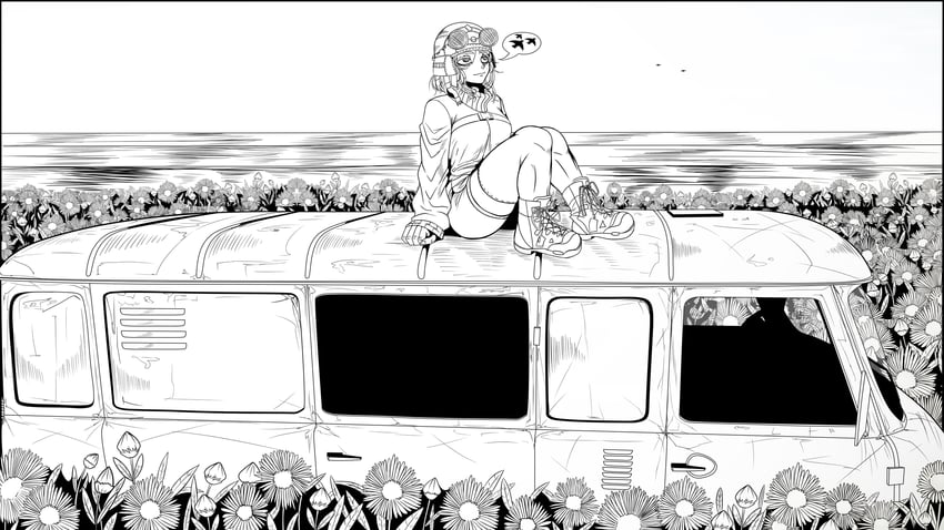 原创、面包车酱 1名女孩 骑行裤 靴子 汽车 云