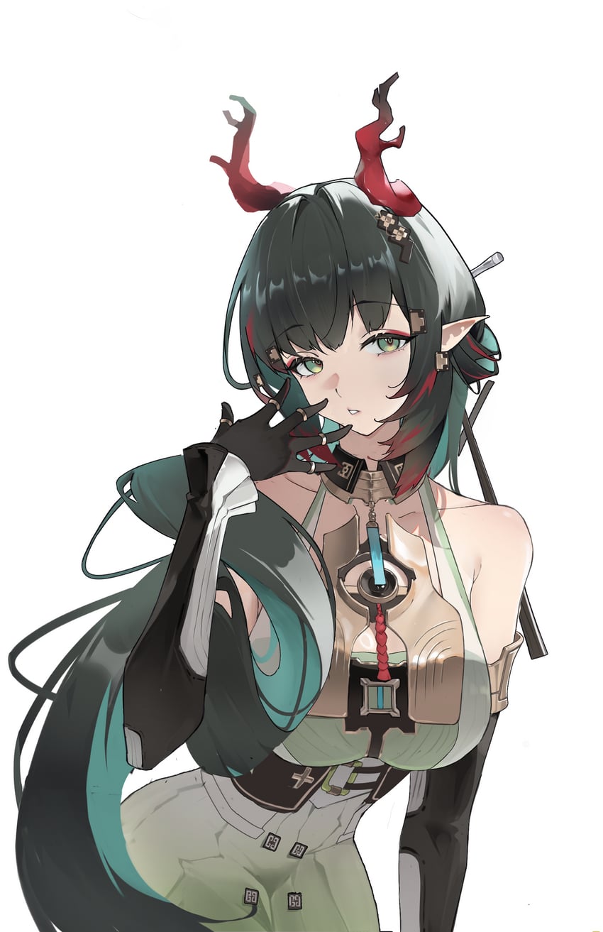 明日方舟、明日方舟：终末地、庄芳怡 (明日方舟) 1名女孩 露肩 黑色手套 乳房 龙娘