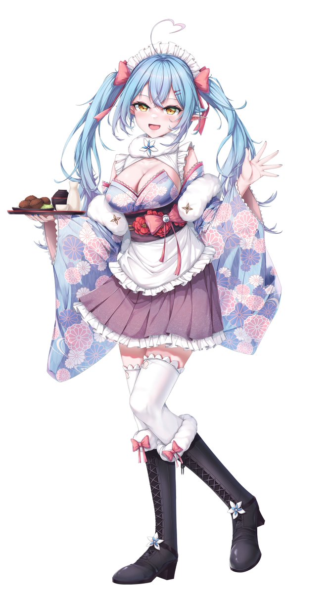 Hololive、雪花拉米 1名女孩 :D 呆毛 围裙 黑色靴子