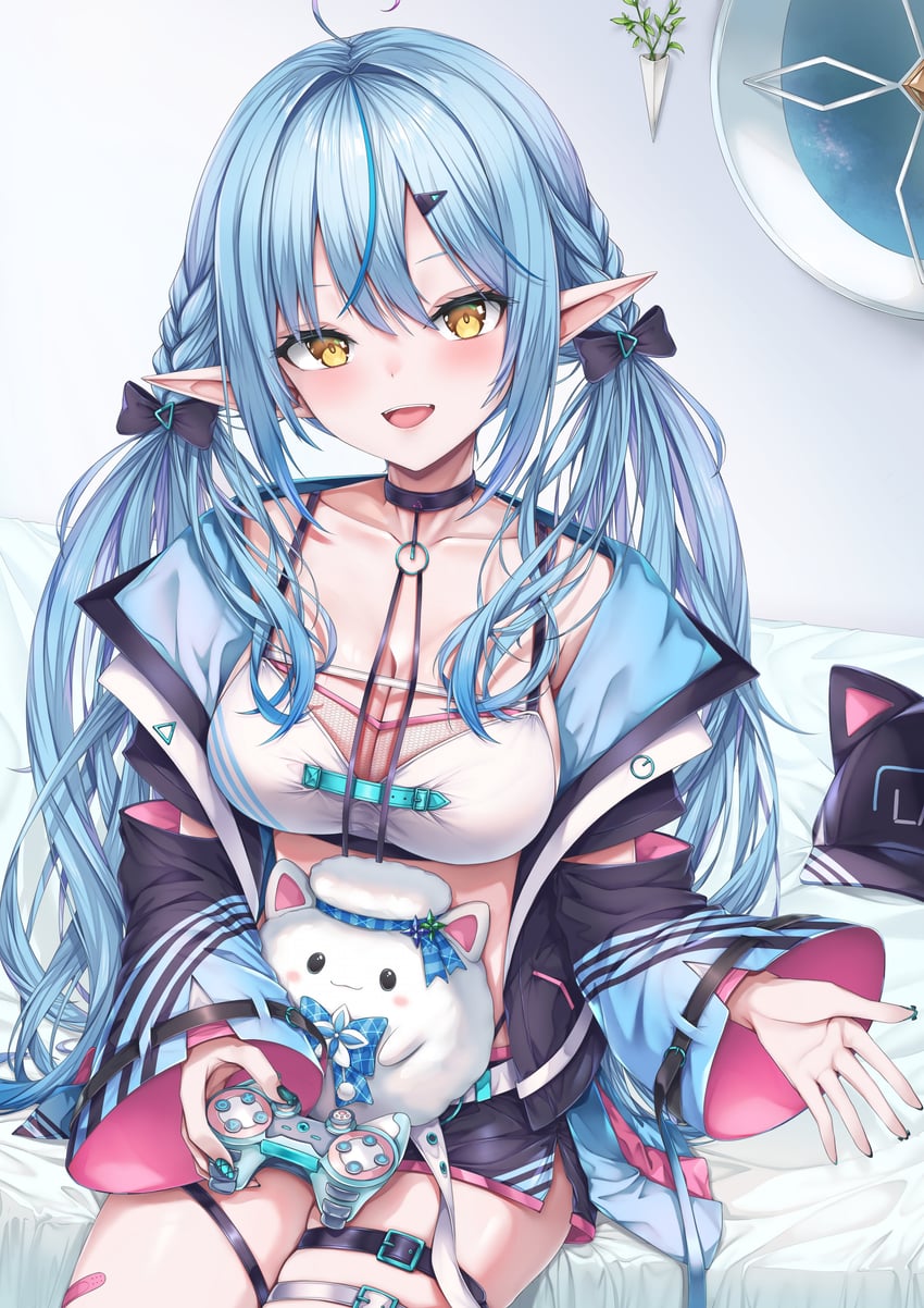 Hololive、雪花拉米、雪花菈米 (赛博风格) 1名女孩 呆毛 比基尼 只穿比基尼上衣 黑色项圈