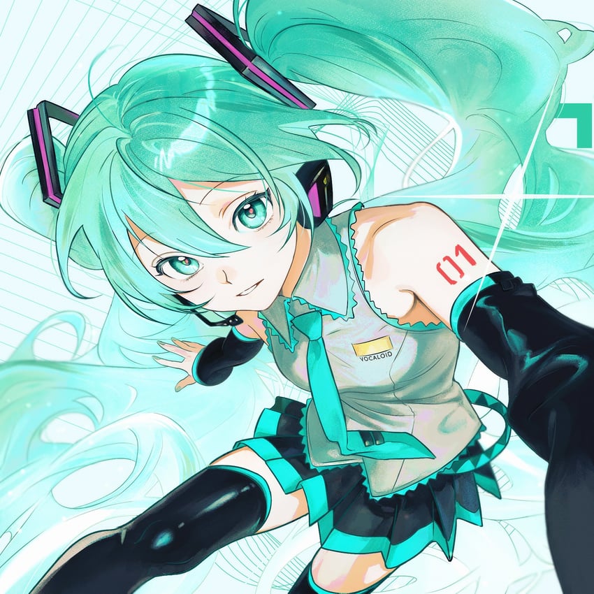 VOCALOID、初音未来 1名女孩 水色腰带 水色瞳 水色发 水蓝色指甲