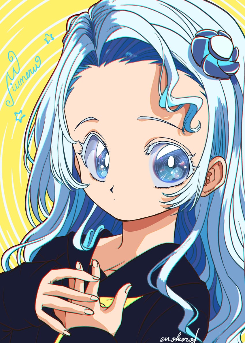 VOMS Project、羽卯津美羽音 1名女孩 黑衬衫 蓝眼 蓝花 蓝发