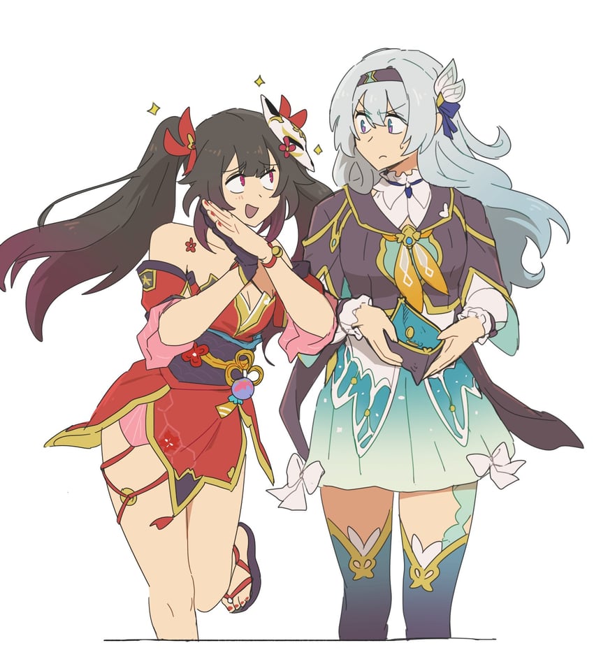 崩坏：星穹铁道、崩坏系列、流萤 (崩坏：星穹铁道) 2名女孩 水蓝色连衣裙 黑发 蓝色丝带 棕色发带