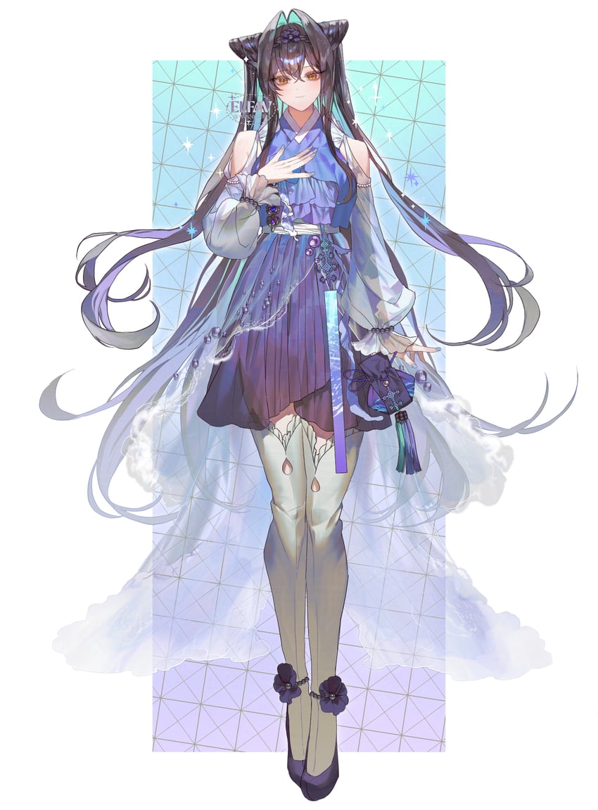 胜利女神：妮姬、小美人鱼 (胜利女神：妮姬) 1名女孩 露肩 黑发 黑色发带 蓝色指甲