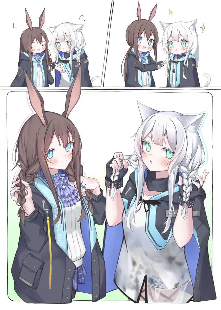 明日方舟、阿米娅 (明日方舟)、迷迭香 (明日方舟) 2名女孩 不同发型 兽耳 阿斯科特领巾 黑色手套