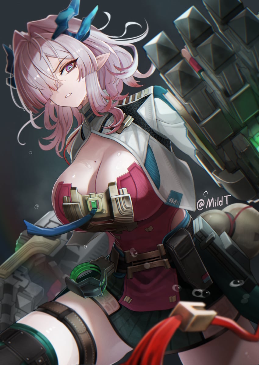 明日方舟、明日方舟：终末地、弥伏 (明日方舟) 1名女孩 作者名 腰包 黑色短裤 蓝角