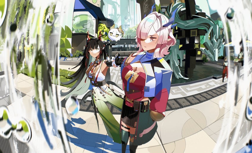 明日方舟、明日方舟：终末地、弥伏 (明日方舟) 2名女孩 手放在背后 黑色手套 黑发 黑色裙子