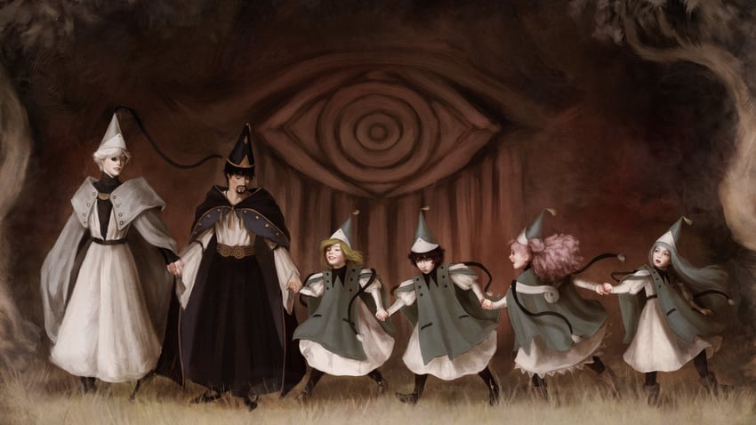 魔法帽的小工坊、阿格特·阿克拉姆 (尖帽子的魔法工坊)、刷子伙伴 1个其他角色 2个男孩 4个女孩 水色披风 水蓝色帽子