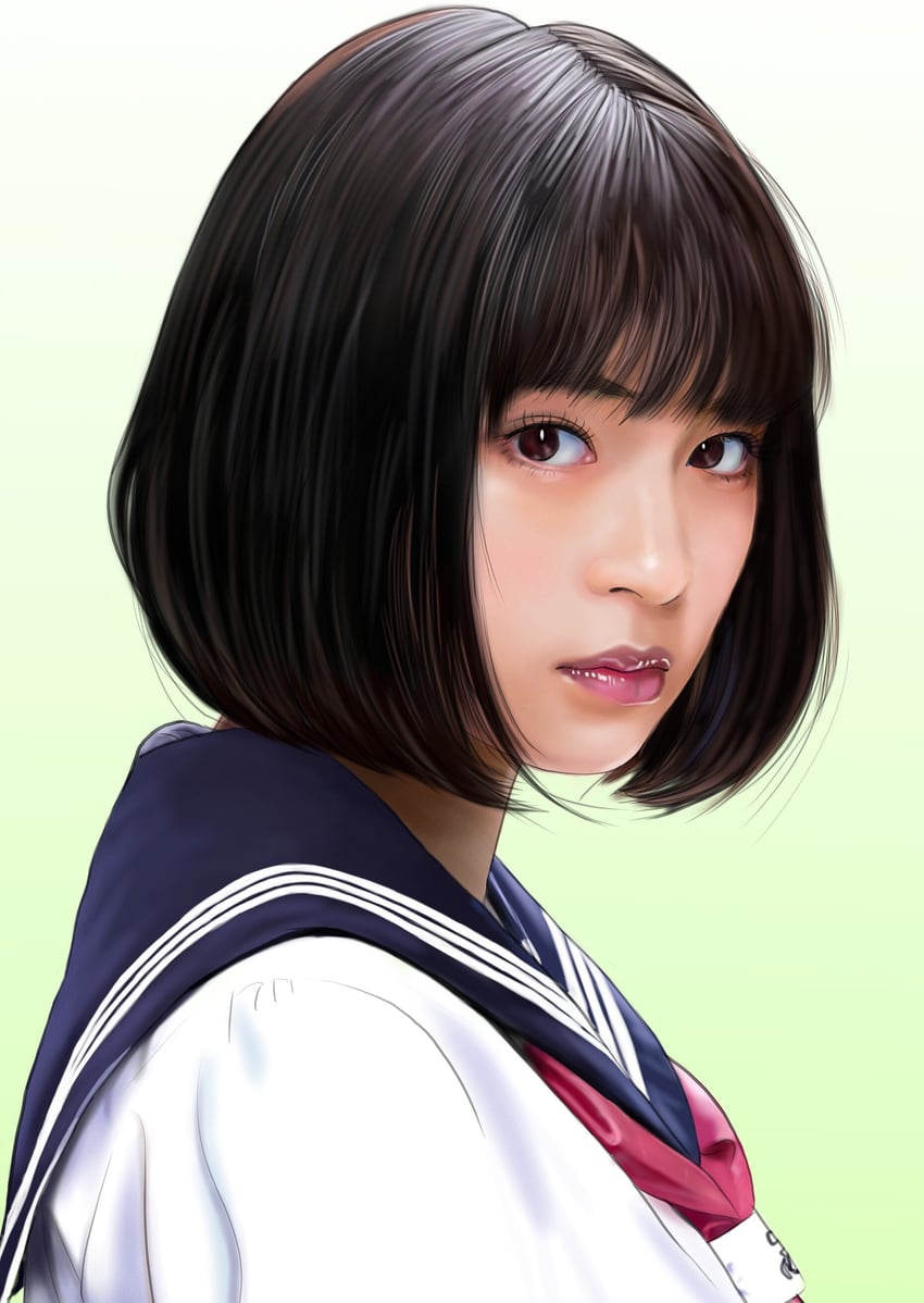 现实生活、hirose suzu 1名女孩 女演员 黑发 蓝色水手领 棕眼睛