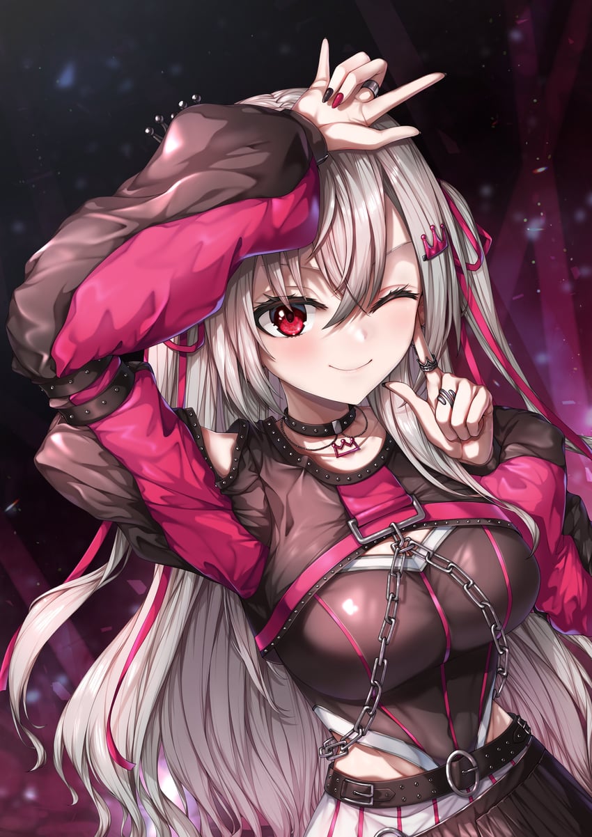 Hololive、hololive DEV_IS、猪崎理央那 1名女孩 ;) 摇滚手势 胳膊举过头顶 举手
