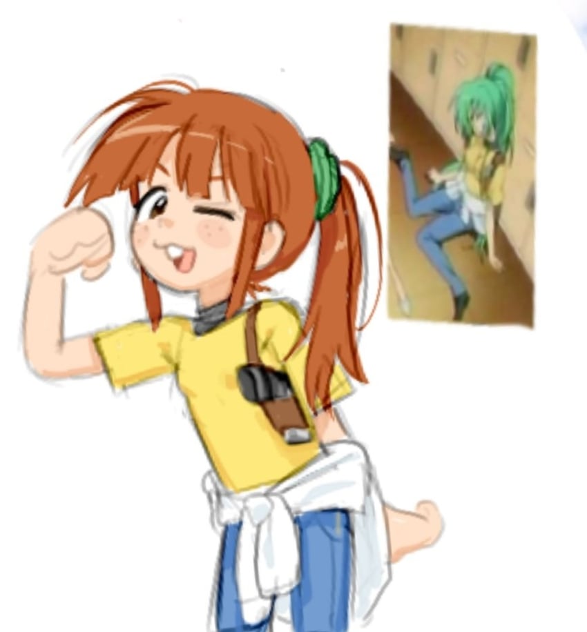 寒蝉鸣泣之时、原创、园崎魅音 1名女孩 蓝色裤子 脸红 棕眼睛 龅牙