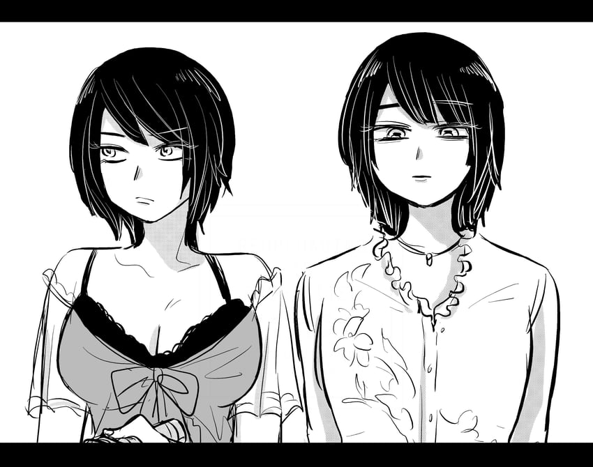 零、零：月蚀的假面、麻生海咲 2名女孩 手放在身体两侧 露肩 蝴蝶结 乳房
