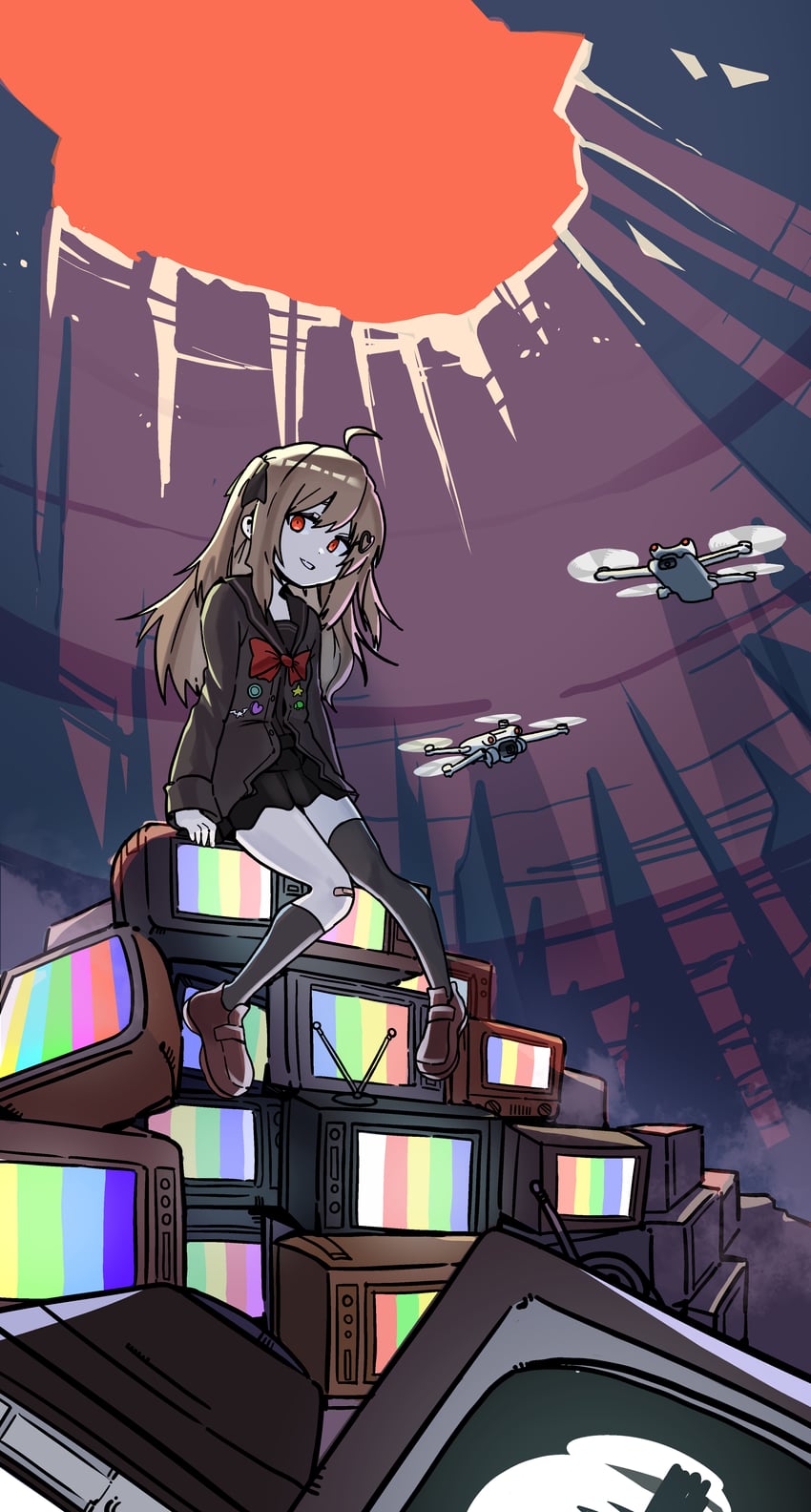 Vedal AI、Evil Neuro-sama、Evil Neuro-sama (第一套服装) 1名女孩 呆毛 不对称腿部穿着 创可贴 膝盖上的创可贴
