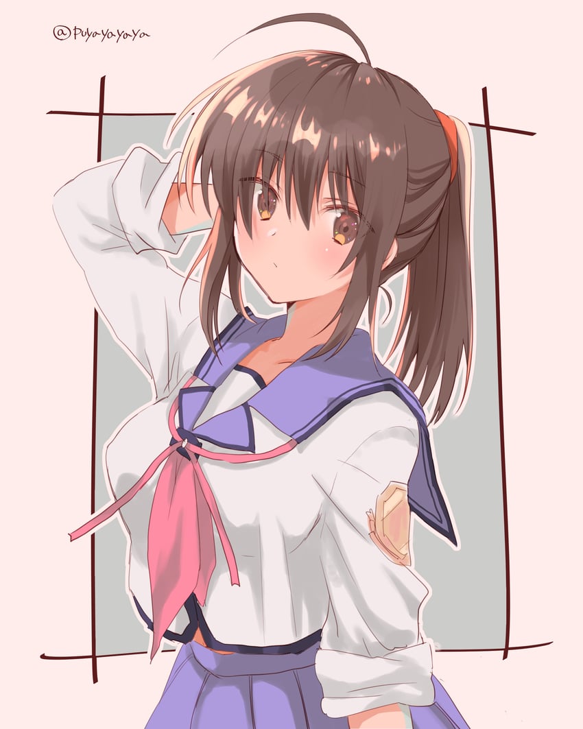 Angel Beats!、久子 1名女孩 呆毛 手放在头后 蓝色水手领 蓝裙子