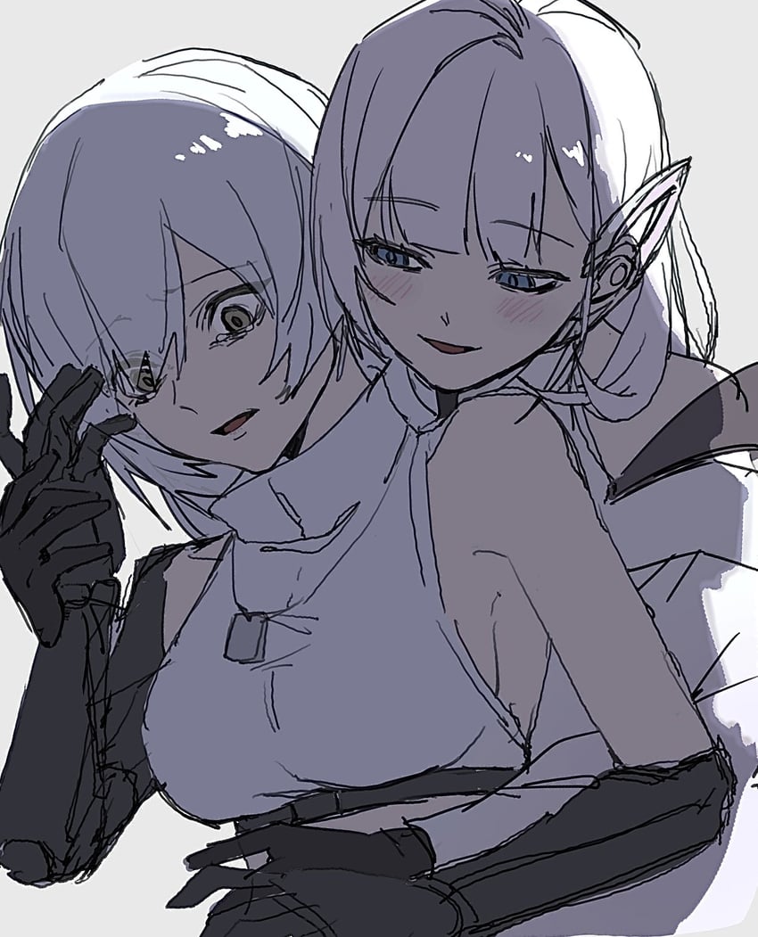 胜利女神：妮姬、塞西尔 (胜利女神：NIKKE)、白雪公主 (重火力) (胜利女神：妮姬) 2名女孩 黑色手套 蓝眼 乳房 军牌