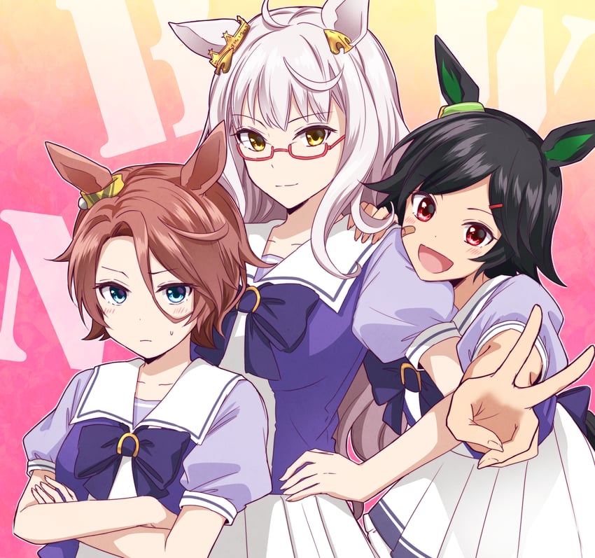 赛马娘、琵琶晨光 (赛马娘)、成田大进 (赛马娘) 3人女子 呆毛 兽耳 创可贴 脸颊上的创可贴