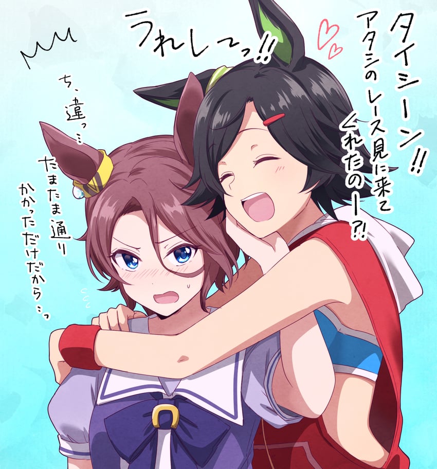 赛马娘、成田大进 (赛马娘)、胜利奖券 (奔向胜利！) (赛马娘) 2名女孩 兽耳 抹胸 黑发 蓝色抹胸