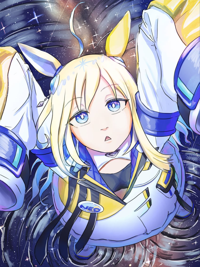 赛马娘、新宇宙 (赛马娘)、新宇宙 (Universe-naut) (赛马娘) 1名女孩 呆毛 兽耳 举起双手 徽章